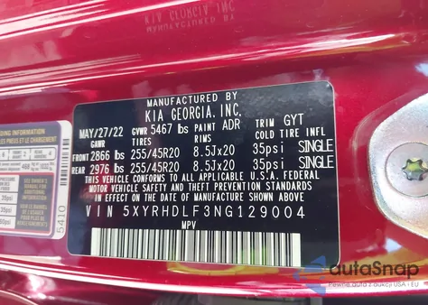 2022 Kia Sorento X-Line Ex from USA, damaged, VIN 5XYRHDLF3NG129004